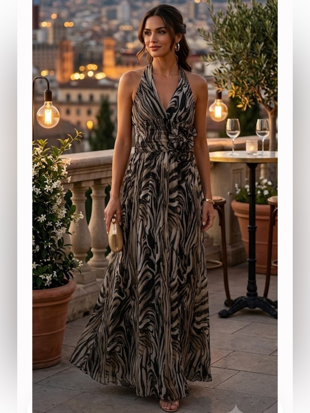 Va Va Voom Halter Maxi Dress in Black & Taupe Swirl Print